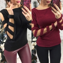 Sexy Hollow Out Long Sleeve Round Neck Solid Color Knit Top