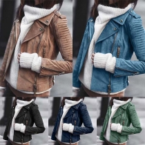 Fashion Solid Color Long Sleeve Oblique Zipper Slim Fit Jacket 