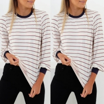 Fashion Long Sleeve Round Neck Loose Striped T-shirt