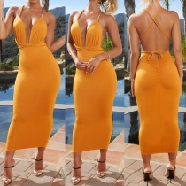 Sexy Backless Deep V-neck High Waist Slim Fit Sling Dress