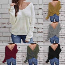 Sexy Backless V-neck Long Sleeve Solid Color Twisted Sweater
