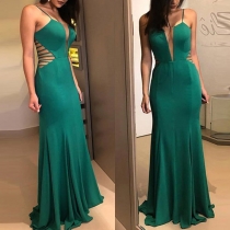 Sexy Backless Deep V-neck See-through Gauze Spliced Party Dress