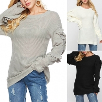 Fashion Solid Color Ruffle Long Sleeve Round Neck Sweater 