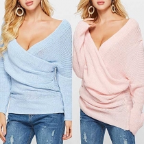Sexy Crossover V-neck Long Sleeve Solid Color Sweater