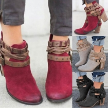 Retro Style Thick High-heeled Belt Buckle Ankle Boots