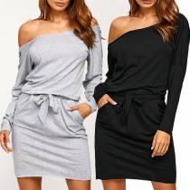Sexy Off-shoulder Long Sleeve Solid Color Dress