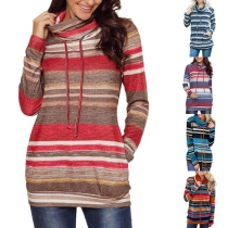 Fashion Long Sleeve Cowl Neck Colorful Striped Sweatshirt