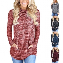 Fashion Mixed Color Long Sleeve Cowl Neck T-shirt 
