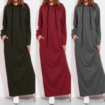 Fashion Solid Color Hooded Long-style Sweatshirt Dress