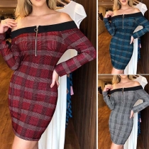 Sexy Off-shoulder Boat Neck Long Sleeve Slim Fit Plaid Dress