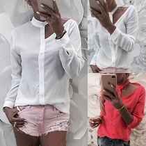 Sexy Hollow Out Long Sleeve Solid Color Irregular Shirt