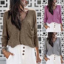Fashion Solid Color Long Sleeve V-neck Loose Knit Top
