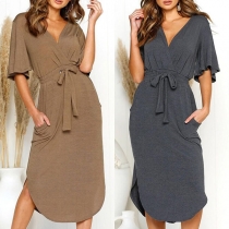 Fashion Half Sleeve V-neck Arm Hem Solid Color Dress