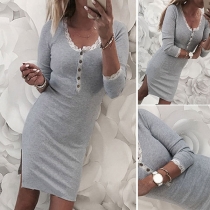 Fashion Lace Spliced Long Sleeve Round Neck Slit Hem Slim Fit Dress