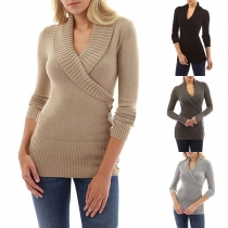 Fashion Solid Color Long Sleeve V-neck Slim Fit Sweater