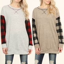Fashion Plaid Spliced Long Sleeve Round Neck Loose T-shirt
