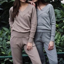 Fashion Solid Color Long Sleeve V-neck Sweater + Knit Pants Two-piece Set