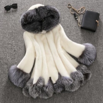 Fashion Contrast Color Long Sleeve Hooded Faux Fur Coat