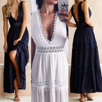 Sexy Backless Deep V-neck Sleeveless High Waist Lace Spliced Dress