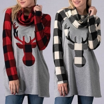 Fashion Plaid Spliced Long Sleeve Cowl Neck Elk Printed Sweatshirt 