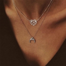 Fashion Hollow Out Heart Crescent Pendant Dual-layer necklace
