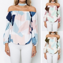 Sexy Off-shoulder Boat Neck Trumpet Sleeve Printed Top with Choker Strap 