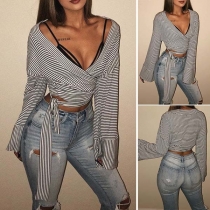 Sexy Deep V-neck Long Sleeve Lace-up Hem Striped Crop Top