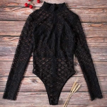 Sexy Long Sleeve Mock Neck Hollow Out Embroidered Bodysuit