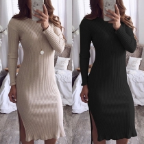 Sexy Slit Hem Long Sleeve Solid Color Slim Fit Knit Dress