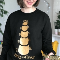 Cute Gold Cat Printed Long Sleeve Round Neck Sweatshirt 