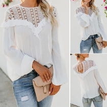 Sexy Hollow Out Lace Spliced Long Sleeve Ruffle Ruffle Blouse 