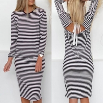 Sexy Backless Long Sleeve Slim Fit Striped Dress
