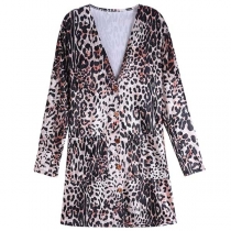 Fashion Long Sleeve V-neck Leopard Print Cardigan 