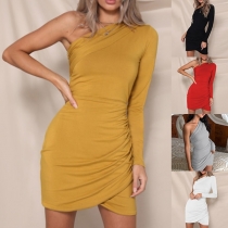 Sexy One-shoulder Long Sleeve Solid Color Slim Fit Dress