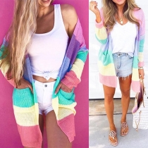 Fashion Long Sleeve Rainbow Striped Knit Cardigan