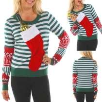 Cute Style Christmas Sock Spliced Long Sleeve Round Neck Striped T-shirt