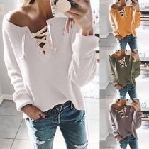 Sexy Lace-up V-neck Long Sleeve Solid Color Knit T-shirt 