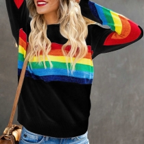 Fashion Rainbow Striped Spliced Long Sleeve Round Neck Sweatshirt
