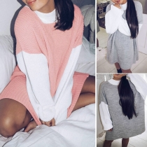 Fashion Contrast Color Long Sleeve Mock Neck Loose Sweater Dress