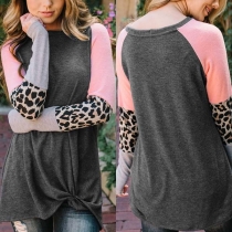 Fashion Contrast Color Leopard Spliced Long Sleeve Round Neck T-shirt 