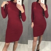 Fashion Solid Color Long Sleeve Round Neck Slim Fit Knit Dress