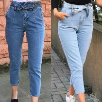 Fashion High Waist Slim Fit Jeans with Waist Strap 