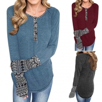 Fashion Contrast Color Round-neck Front Buttons Long Sleeve Shirt