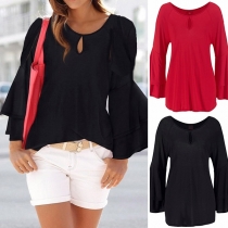 Fashion Solid Color Trumpet Sleeve Round Neck T-shirt 