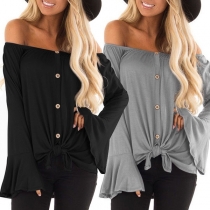 Sexy Off-shoulder Boat Neck Trumpet Sleeve Solid Color Top