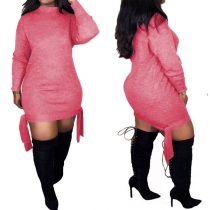 Fashion Solid Color Long Sleeve Mock Neck Knotted Hem Sweatshirt Dress