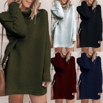 Fashion Solid Color Long Sleeve Turtleneck Loose Knit Dress