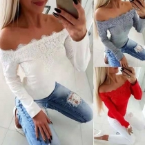 Sexy Lace Spliced Boat Neck Long Sleeve Slim Fit T-shirt