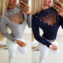 Sexy Long Sleeve Lace Spliced Hollow Out Knit Top