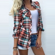 Fashion Long Sleeve POLO Collar Plaid Shirt